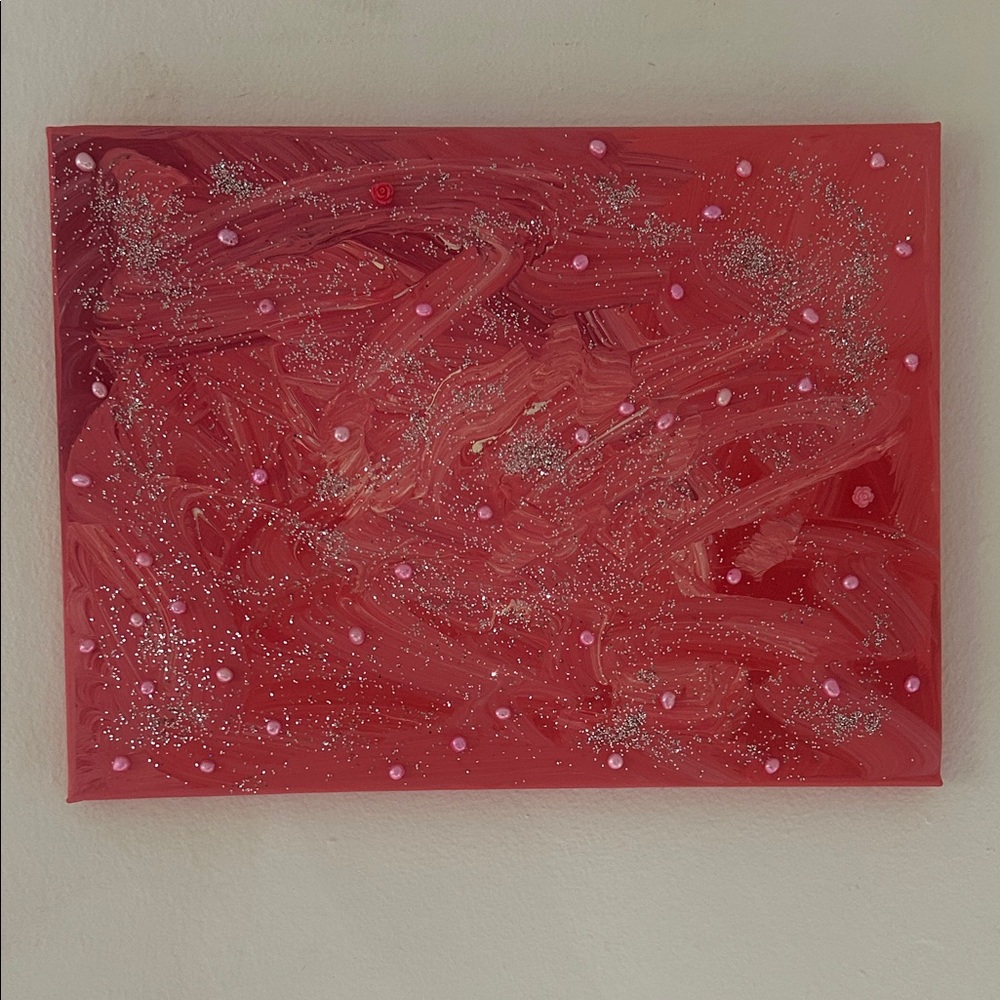 Hand Made Vibrant Pink Abstract Glitter Canvas Painting With Pearls